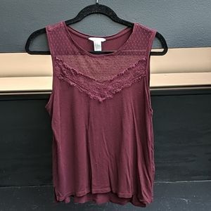 Burgundy Tank Top, Lace Neckline
